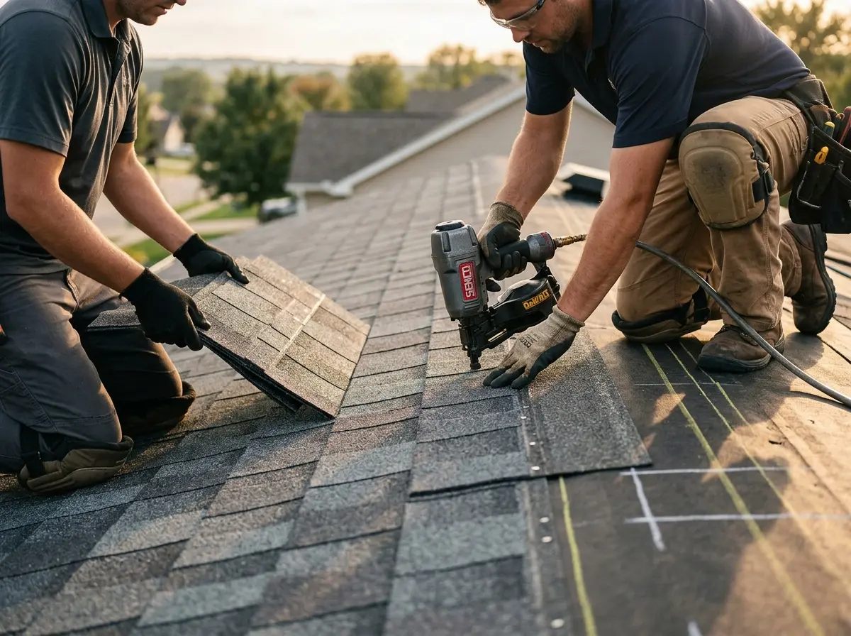 Professional roofer working on a residential roof in Pittsford